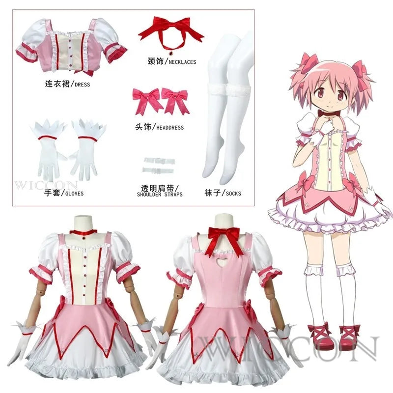 Puella Magi Madoka Magica Cosplay Costume Wig Petticoat Shoes Kaname Madoka Pink Short Ball Dress Halloween Party Uniform Outfit