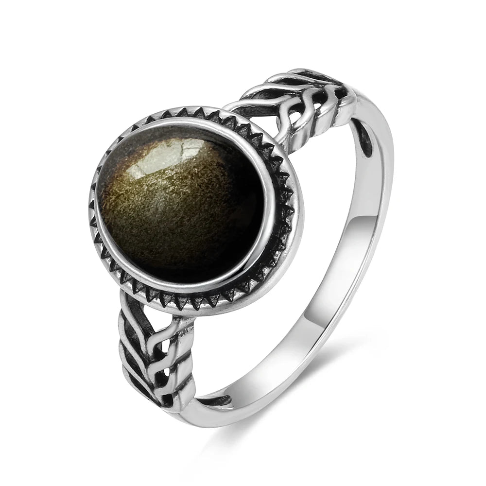 Vintage S925 Sterling Silver Ring Oval Round Natural Obsidian Ring Sun And Flower Shaped Retro Fine Jewelry For Women Men