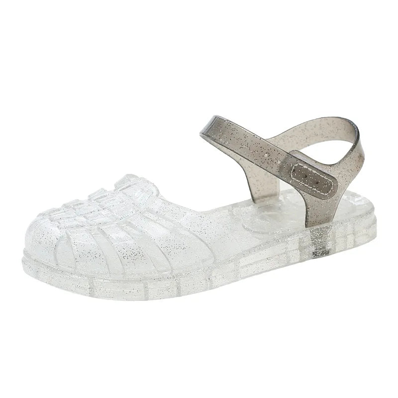 New Summer Kids Crystal Jelly Princess Clogs Sandals for Baby Girls Roman Soft Sole Beach Shoes Non Slip Flat Fun Children Shoes
