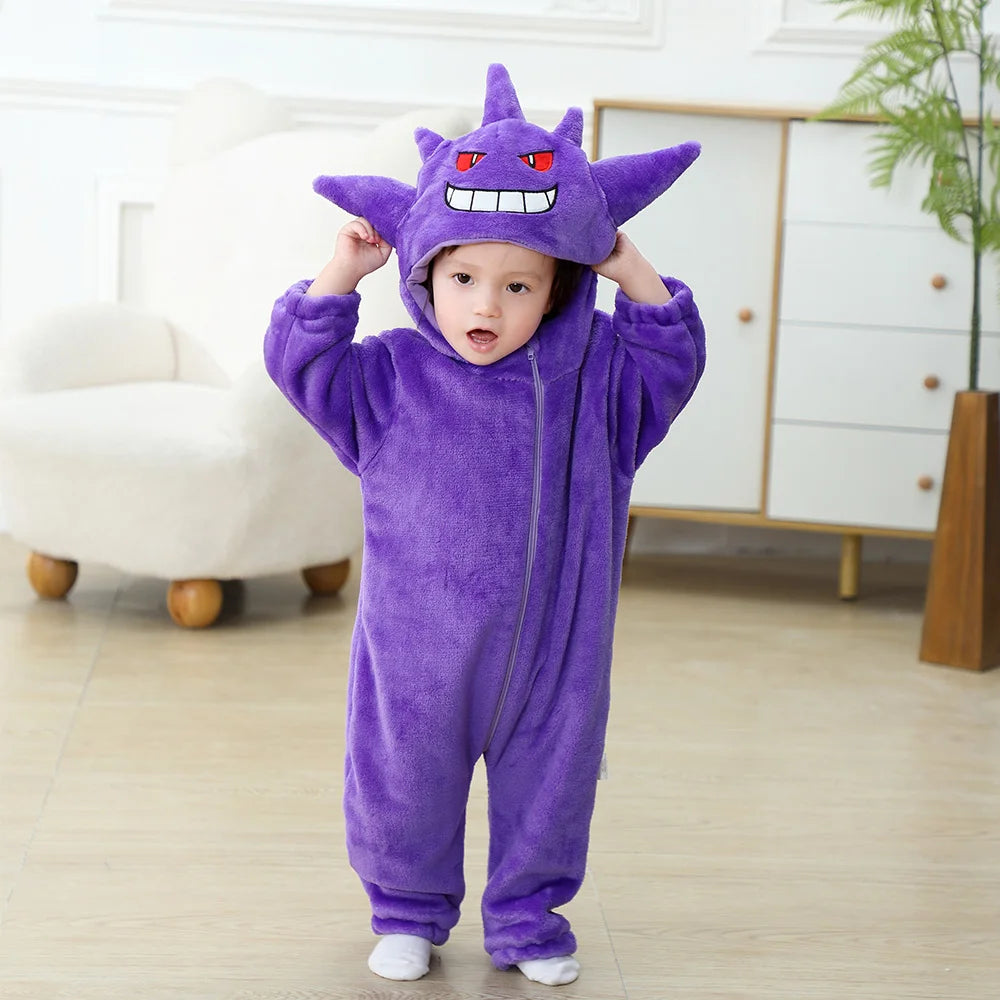 Anime Gengar Onesies Cute Funny Pajama Boys Girls Halloween Festival Party Outfit Flannel Warm Soft  Romper Purple Jumpsuit