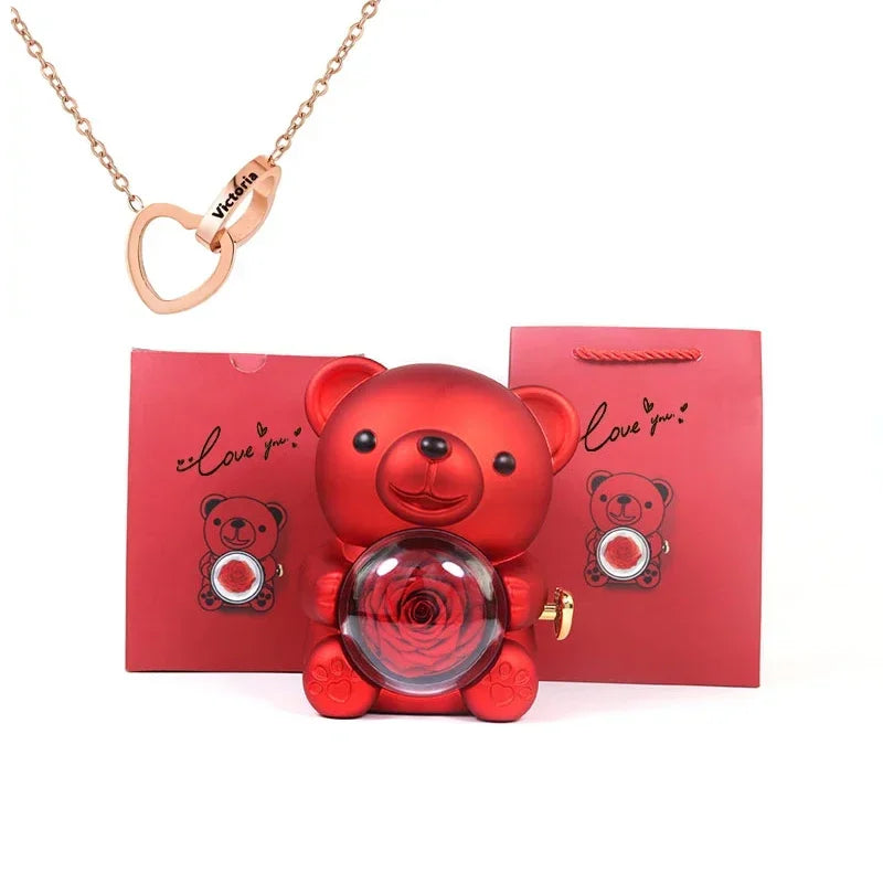 Mini Delicate Heart Engraved Necklace Lovely Bear Jewelry Boxes Valentine's Day Mother Day Birthday Gift Paper Bag Set