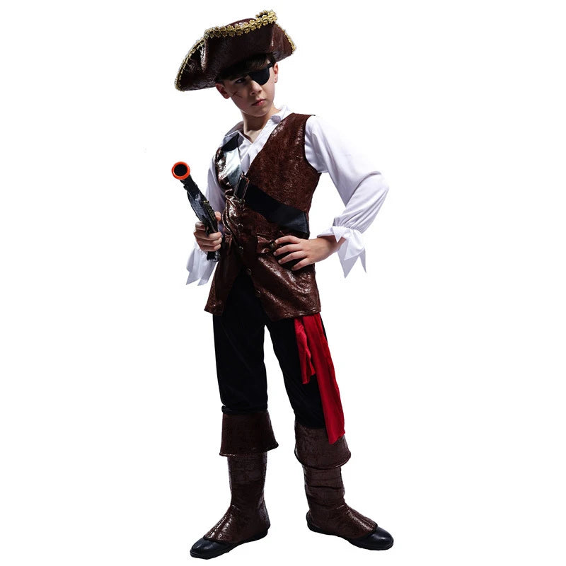 Boys Pirate Captain Costume – Top, Pants, Belt, Boot Covers & Hat Set, S–L