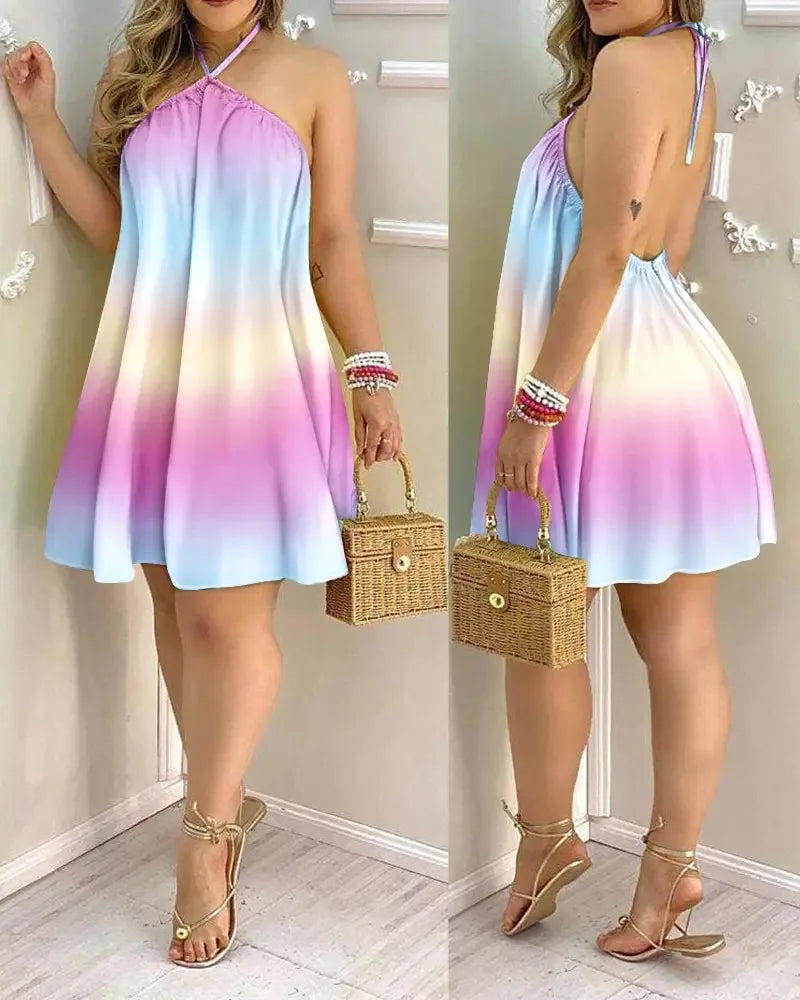Women's 2026 Tropical Leaf Print Halter Neck Mini Dress Sleeveless Backless A-Line Summer Beach Sundress Casual