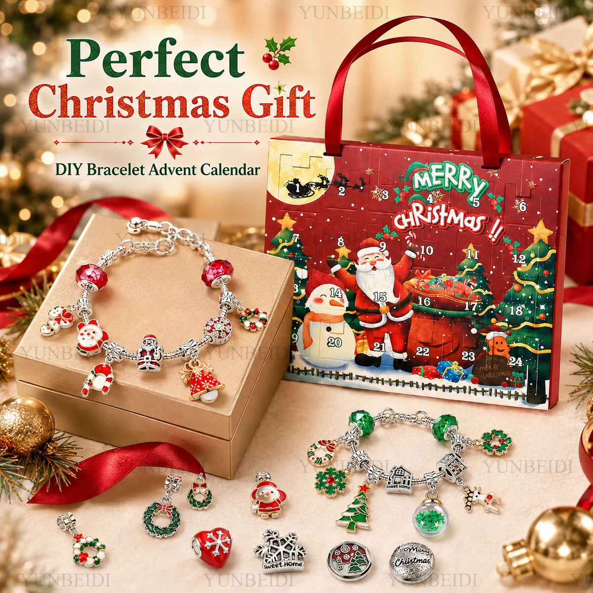 24Grid Christmas Advent Calendar Blind Box Bracelet DIY Christmas Blind Box Children's Alloy Bracelet New Year Christmas Gift