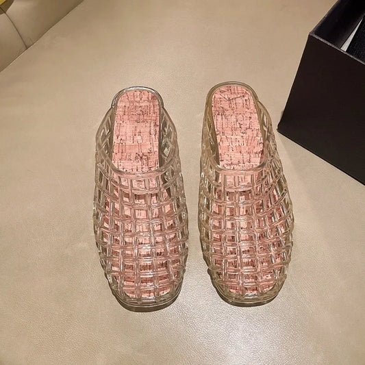 Round Toe PVC Crystal Slippers Non-Slip Transparent Fishing Net Jelly Sandals Soft Flat Low Bottom DIY Shoes Charms Shoes
