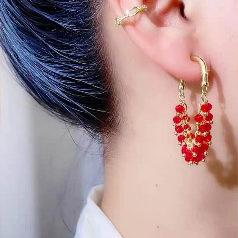 New Green Red Crystal Beaded Pendant Tassel Earrings for Women Exquisite Light Luxury Unique Design Personalized Girls Jewelry