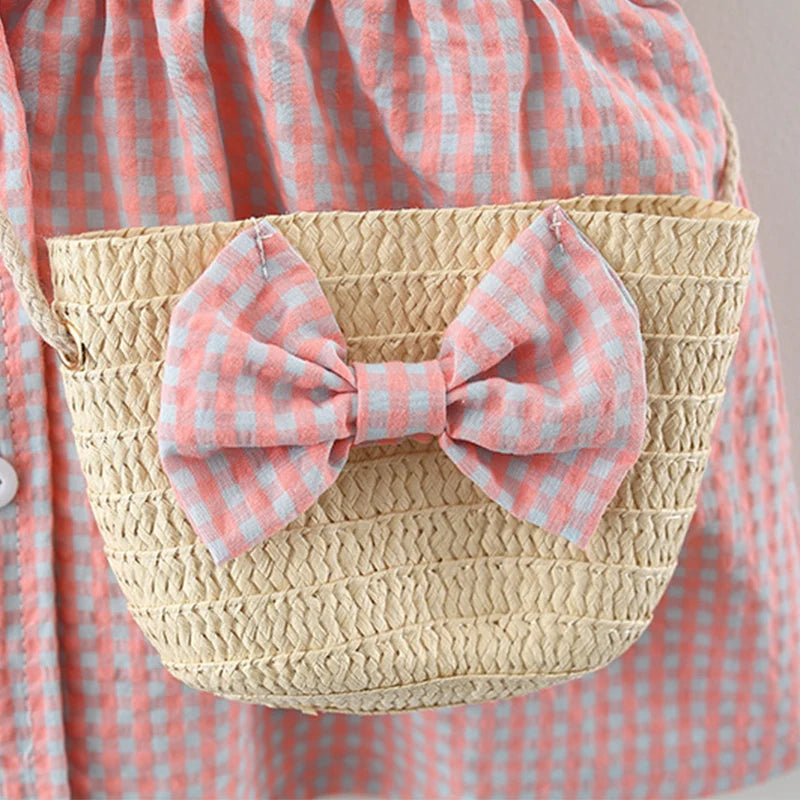 2Pcs/Set Toddler Girl Plaid Dresses Love Lapel Sleeveless Cotton Baby Children Clothes Summer Kids Costume 0 To 3 Years + Bag