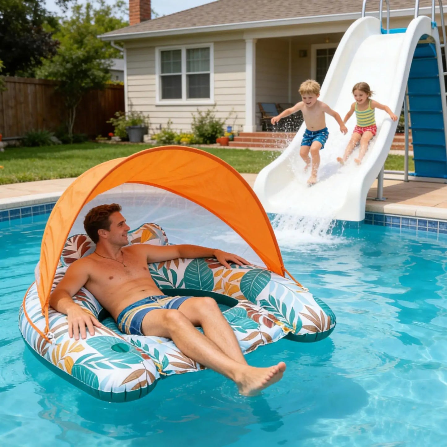 Pool Float with Canopy Blow Up Floating Chair Lounge Swimming Pool Float with Ergonomic Headrest for Summer Beach Vacation