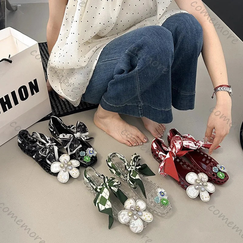 2025 Korea Style Jelly Flats Fashion Lace Band Shoes Accessories Women Loafers Hollow Square Toe Women Beach Sandals Soft Sole