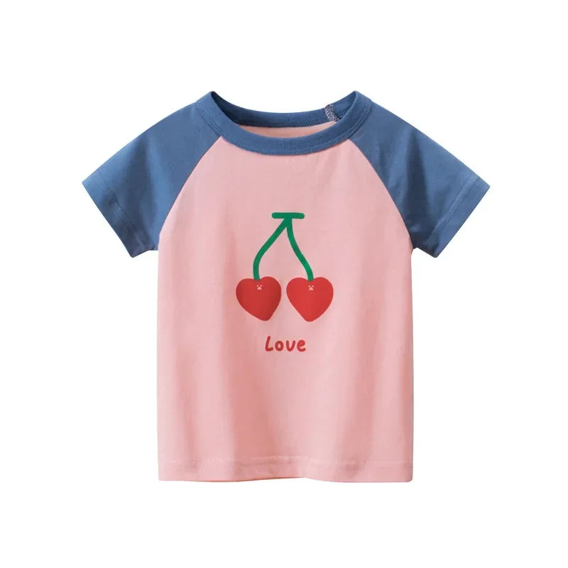 2-8T Heart Print Girls T Shirt Summer Toddler Kid Baby Clothes Short Sleeve Cotton Tshirt Childrens Cute Tee Top Infant Outfit