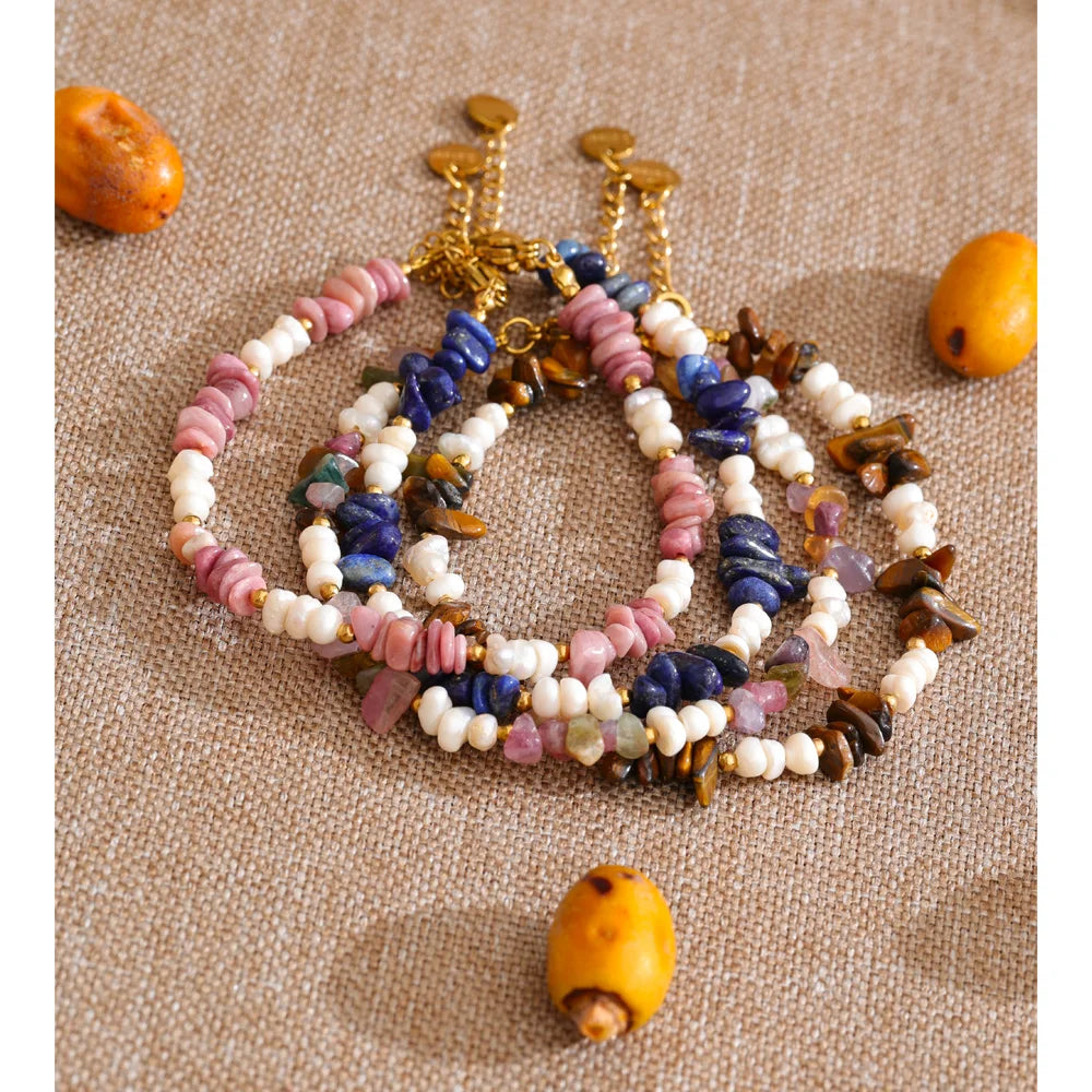 Yhpup Natural Stone Freshwater Pearl Beads Chain Handmade Bracelet Bangle Waterproof Stainless Steel Basic Wrist Summer Jewelry