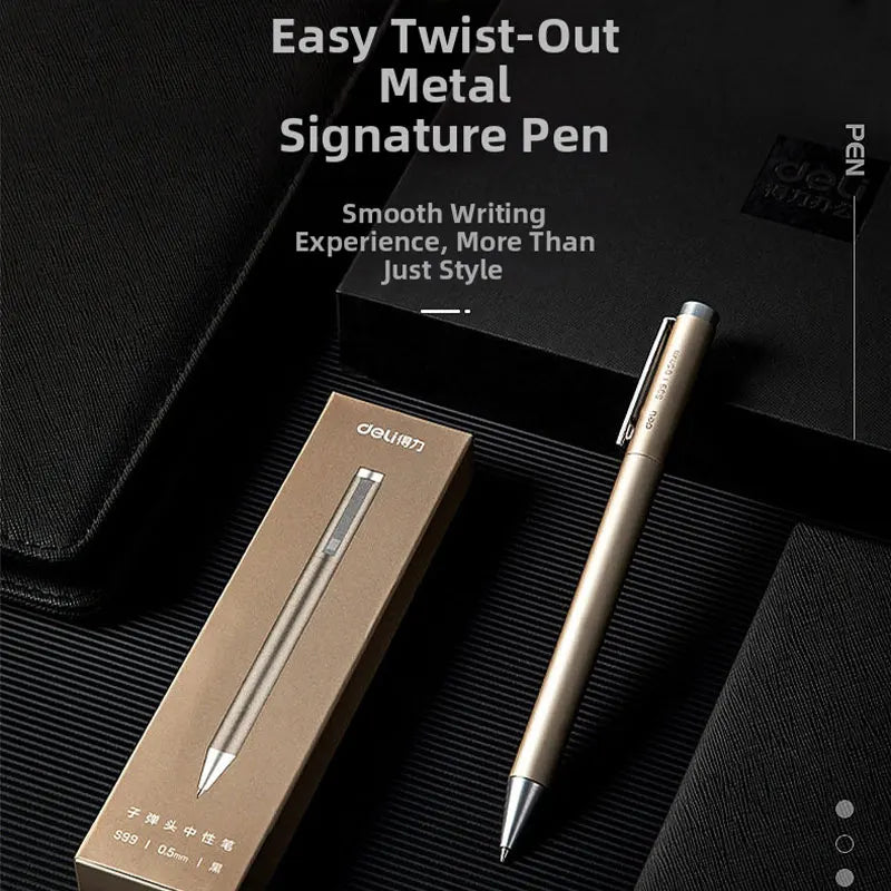 DELI Metal Sign Pen 0.5mm Gel Ink Pens Golden Silver Color Metallic Writing Pen Office Supplies Gold, silver, metal pen barrels
