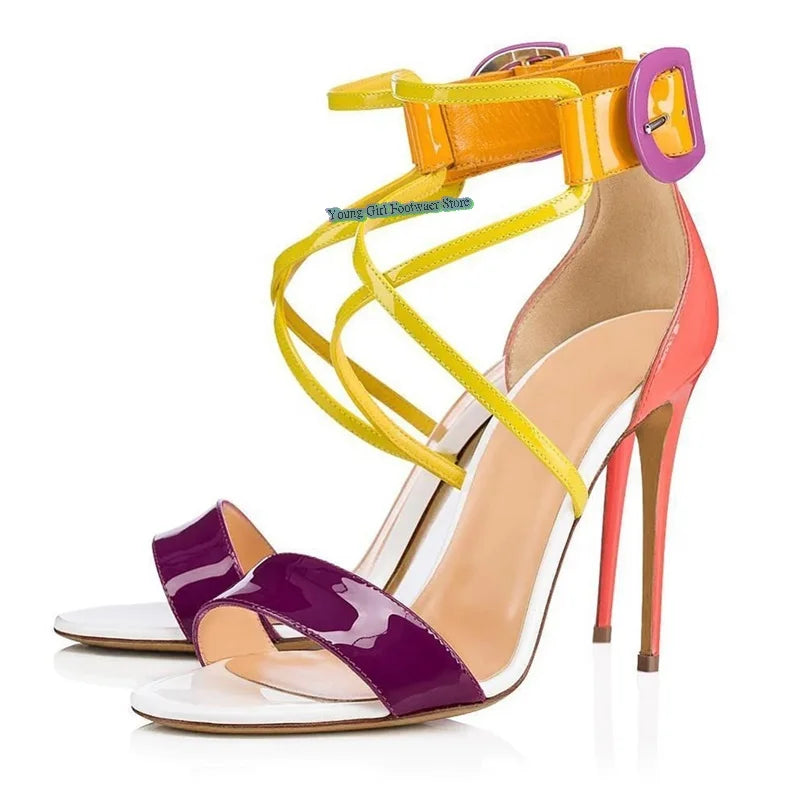 Candy Colors Miss High-Heeled Sandals Pointed Color Blocking Evening Shoes One-Strip Buckle Luxury Women's Shoes