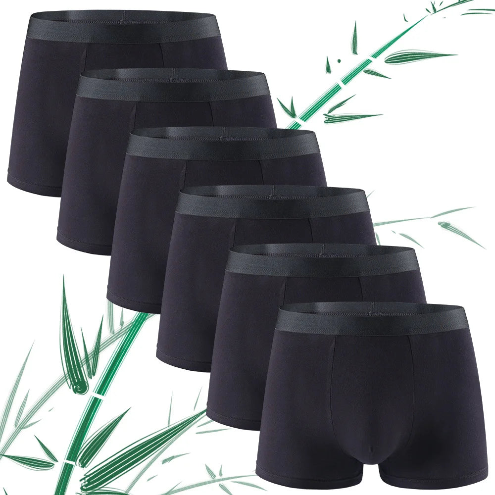 6Pcs Men's Bamboo Fiber Boxer Briefs Solid Color Simple Mid Waist Sports Underpants Soft Breathable High Quality Male Underwear