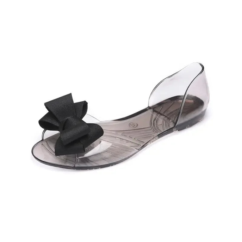 No Heel Beach Transparent Summer 2025 Jelly Sandals for Women Footwear Outdoor Bow Ladies Shoes Flat Rubber Crystal F Shoe Korea