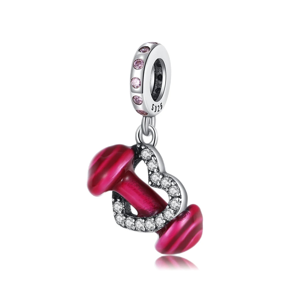 Nostalgic 925 Silver Red Dumbbells&Pink Motorcycles&Natural Pearl Shells&Hearts&Frosted Mura Charm Fit DIY Bracelet Jewelry