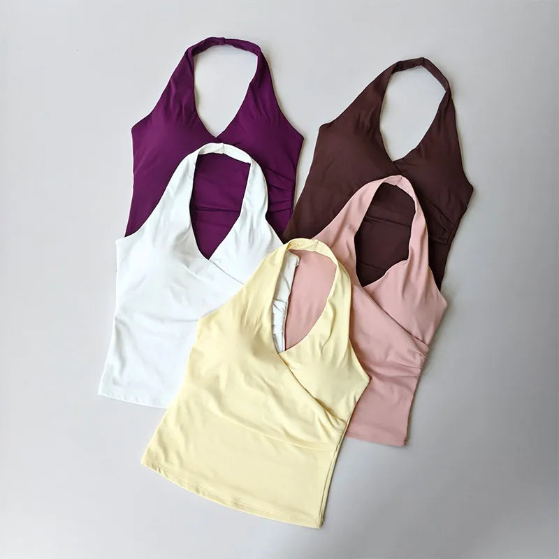 Sexy V-neck Cross Halter Neck with Chest Pad Yoga Vest Sleeveless Naked Sense Sports Fitness Bras Top Outer Wear Beautiful Back