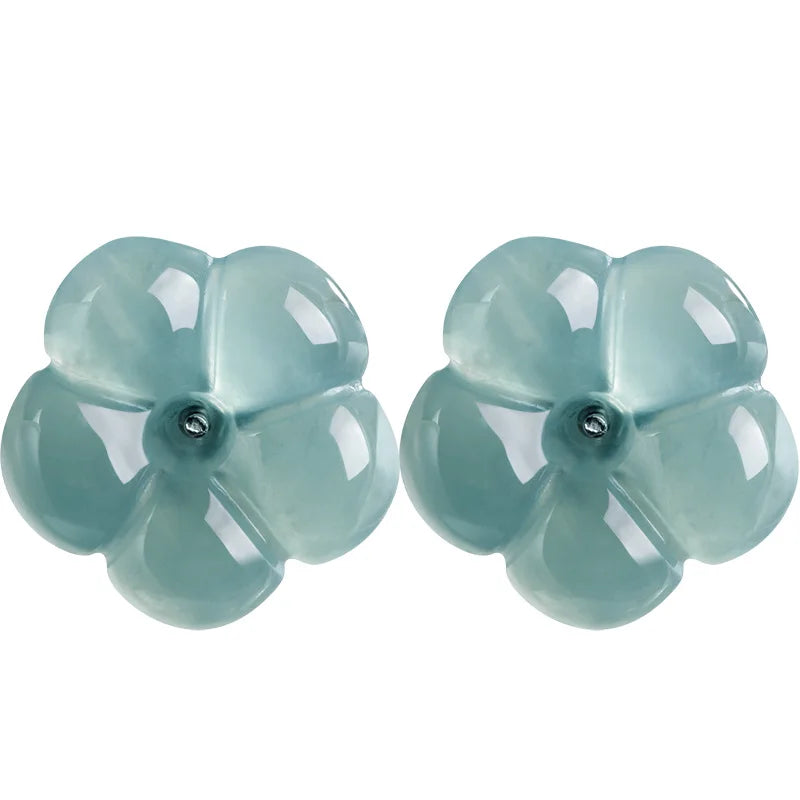 Natural A-grade Jade Blue Water Plum Blossom Earrings Ice Jadeite Petals S925 Silver Inlaid Antique Style Women's Gifts Jewelry