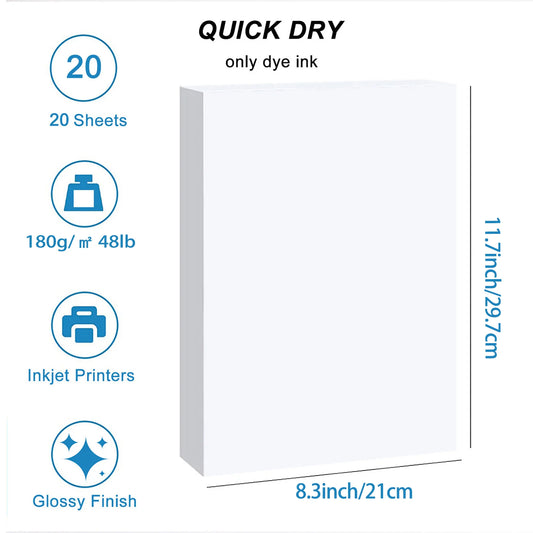 20 Sheets A4 Glossy Photo Paper 180gsm High Resolution 5760dpi Inkjet Printing Material Paper for Wedding Albums Art Prints