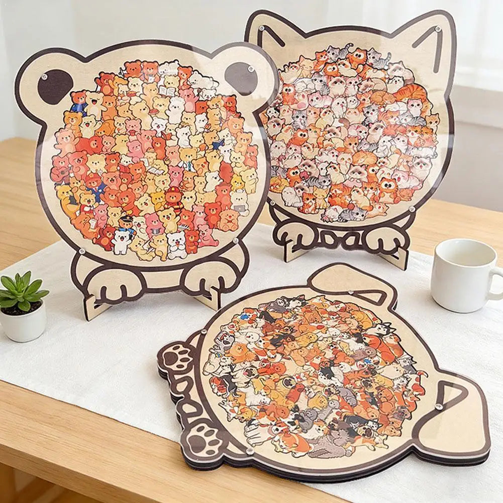 Cartoon Wooden Puzzle Toy Stress Relief Jigsaw Puzzle Animal Dog Cat Bear Theme For Home Decor Fun Educational Toys Gift