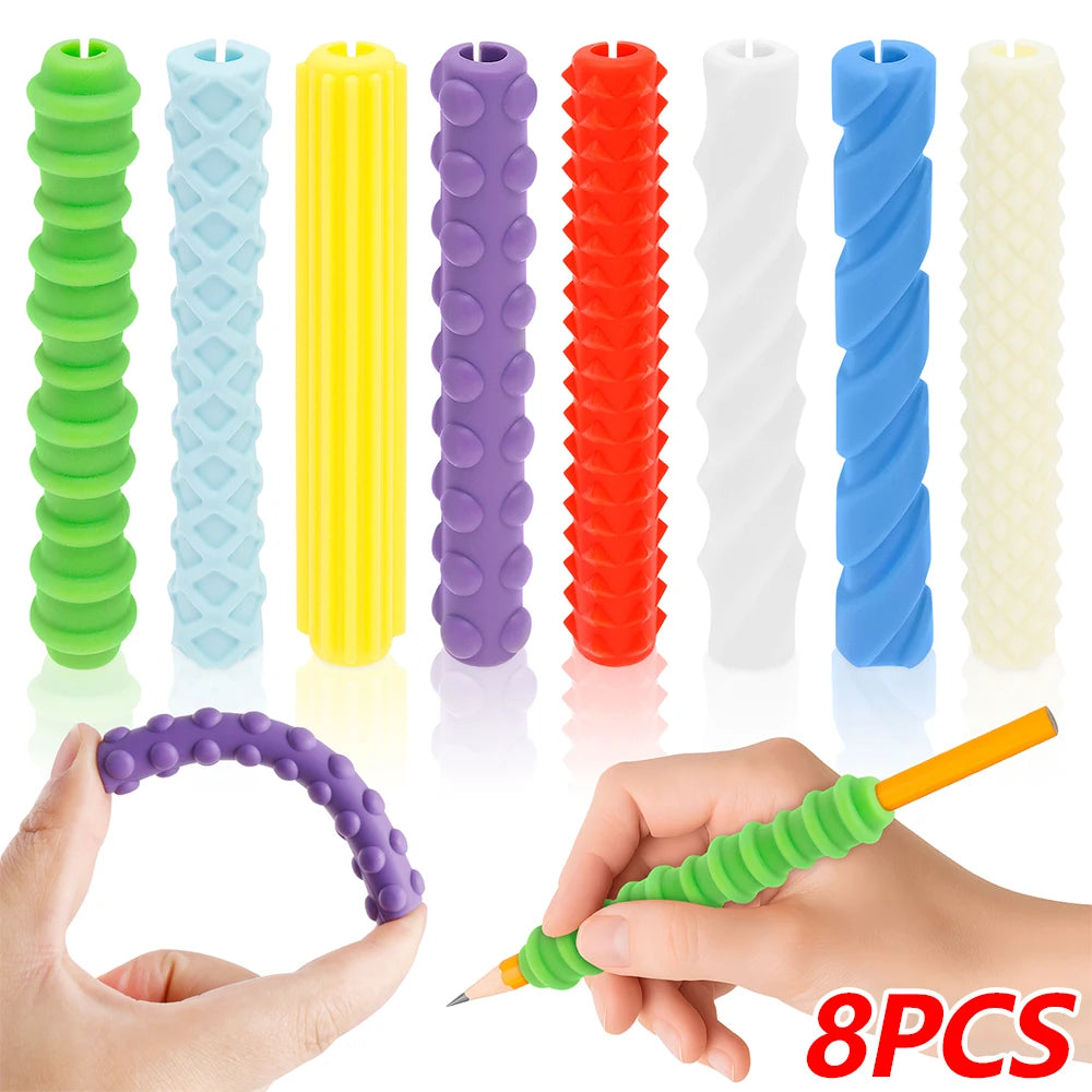 8Pcs Textured Silicone Pen Grips Children Student Pencil Aid Grip Set Reusable Sensory Pencil Sleeve Handwriting Pen Sleeve Tool