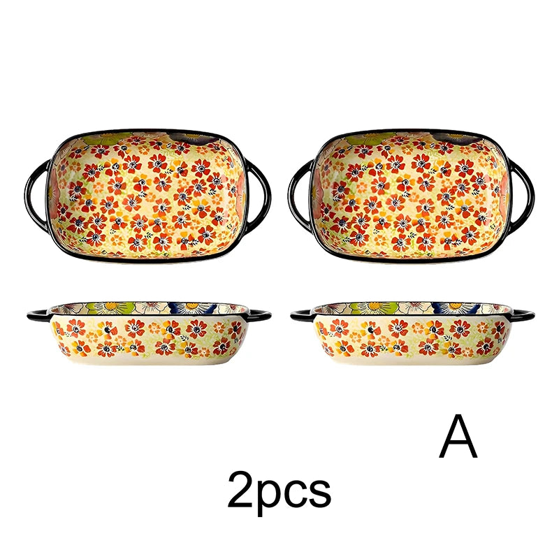 Polish Pottery Floral Baking Dish Set, Hand Painted Ceramic Bakeware with Handles, Oven Safe for Casserole & Fruit Serving