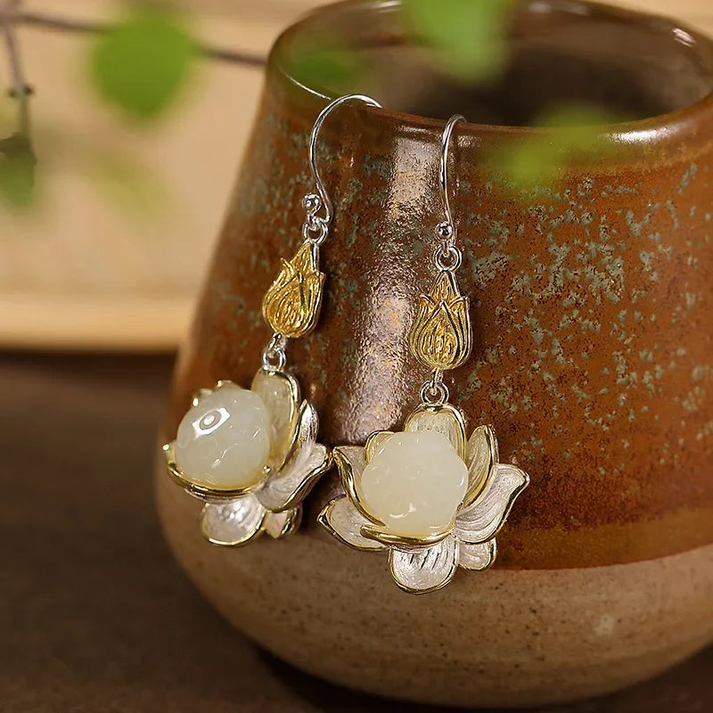 Classic Lotus Flower Jewelry Sets Natural Hotan Jade Various Exquisite Ring Earrings for Women Pendant Hairpin Brooch Bracelets