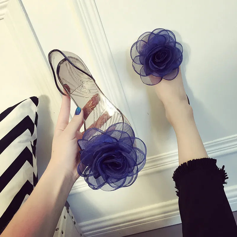 Size 35-41 Women Girls Transparent PVC Jelly Sandals Peep-toe Flats Summer Shoes INS Hot Sales Lace Camellia Flower Slippers