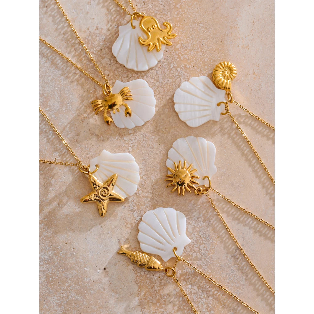 Yhpup Summer Ocean Style Shell Starfish Conch Pendant Necklace 18K Gold Color Plated Waterproof Charm Jewelry Gift