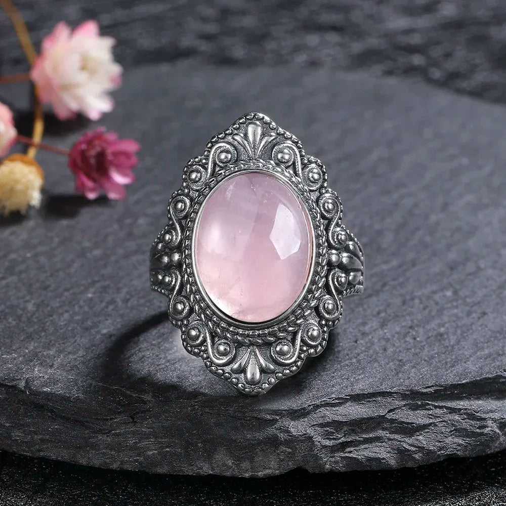 S925 Sterling SilverRing for Women Oval Round Natural Rose Quartz Ring Gift Sun Shaped Retro Luxury Fashion Fine Jewelry