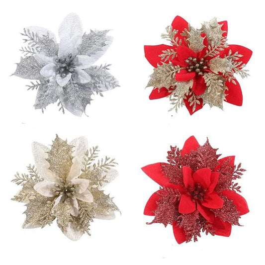 5/10/20PCS Artificial Christmas Glitter Flower Tree Decor Xmas Tree Flower Ornaments Christmas Decoration For Home New Year 2025