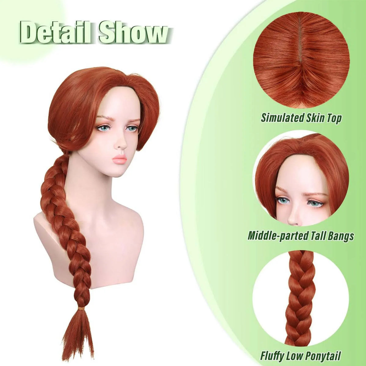 Synthetic Long Braid Reddish Brown Wig for Women, Fiona Wig Princess Red Brown Movie Wig for Halloween Costume Cosplay Party