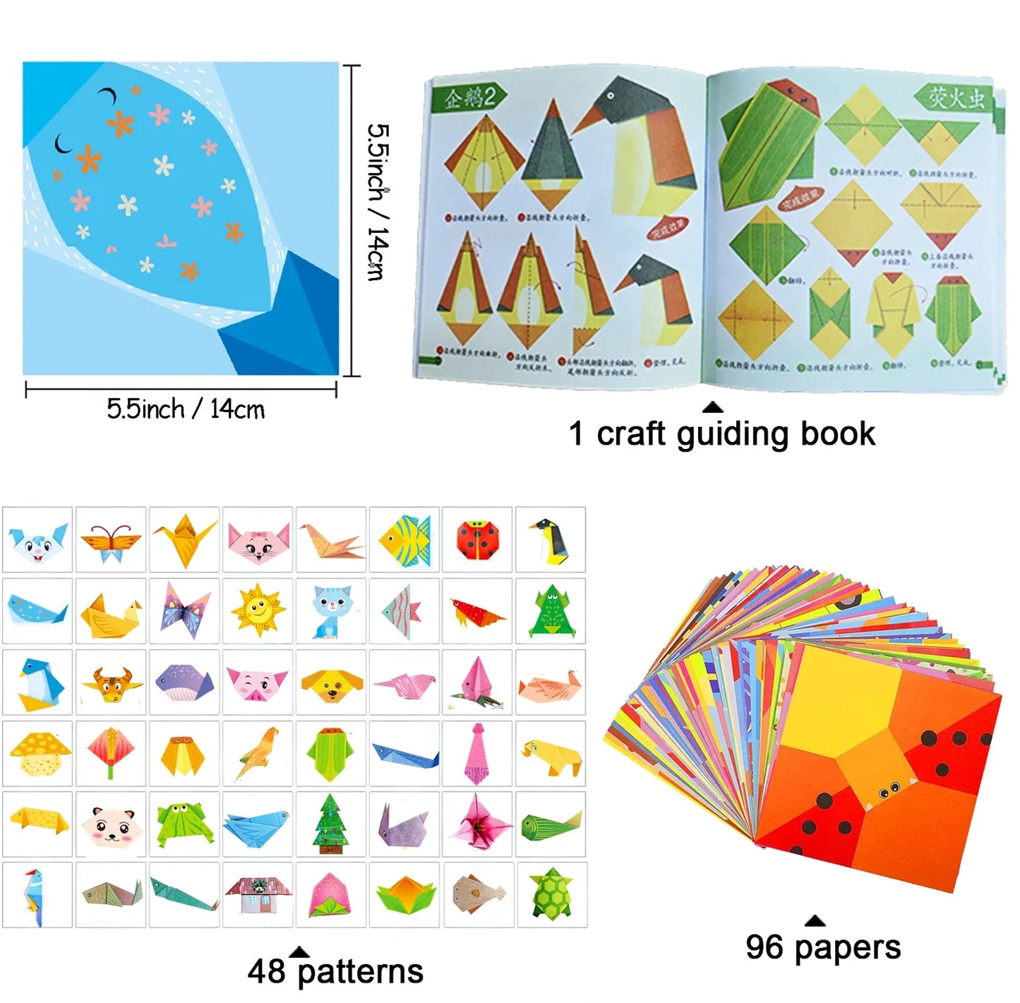 Origami Kit with 30/96 Sheets Paper & Guide Book, DIY Craft Art for Beginners kids，Multiple difficulty level challenges