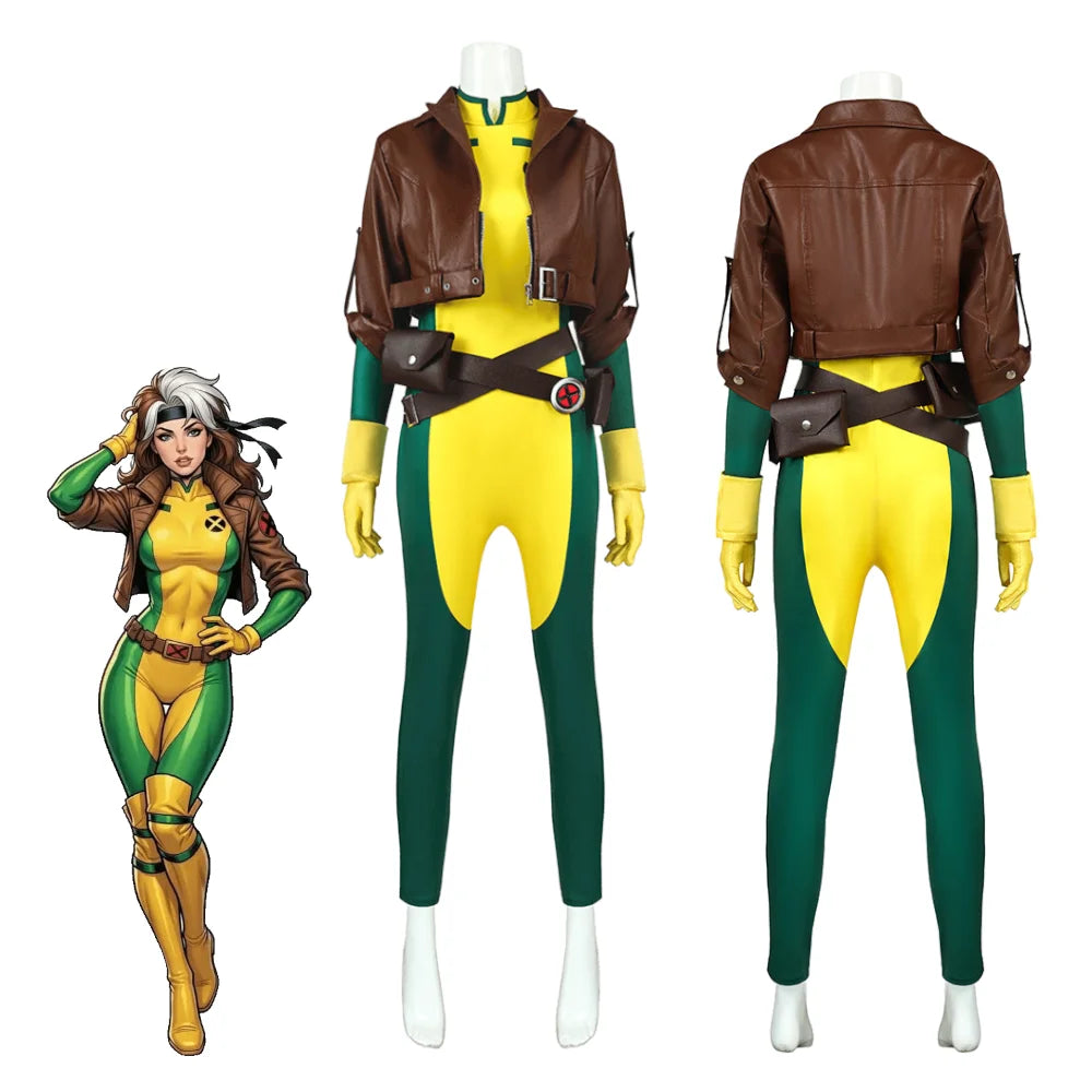 X-Men Rogue Cosplay Costume Adult Women Superhero Bodysuit Yellow Jumpsuit Brown Jacket Halloween Carnival Comic Con Outfit