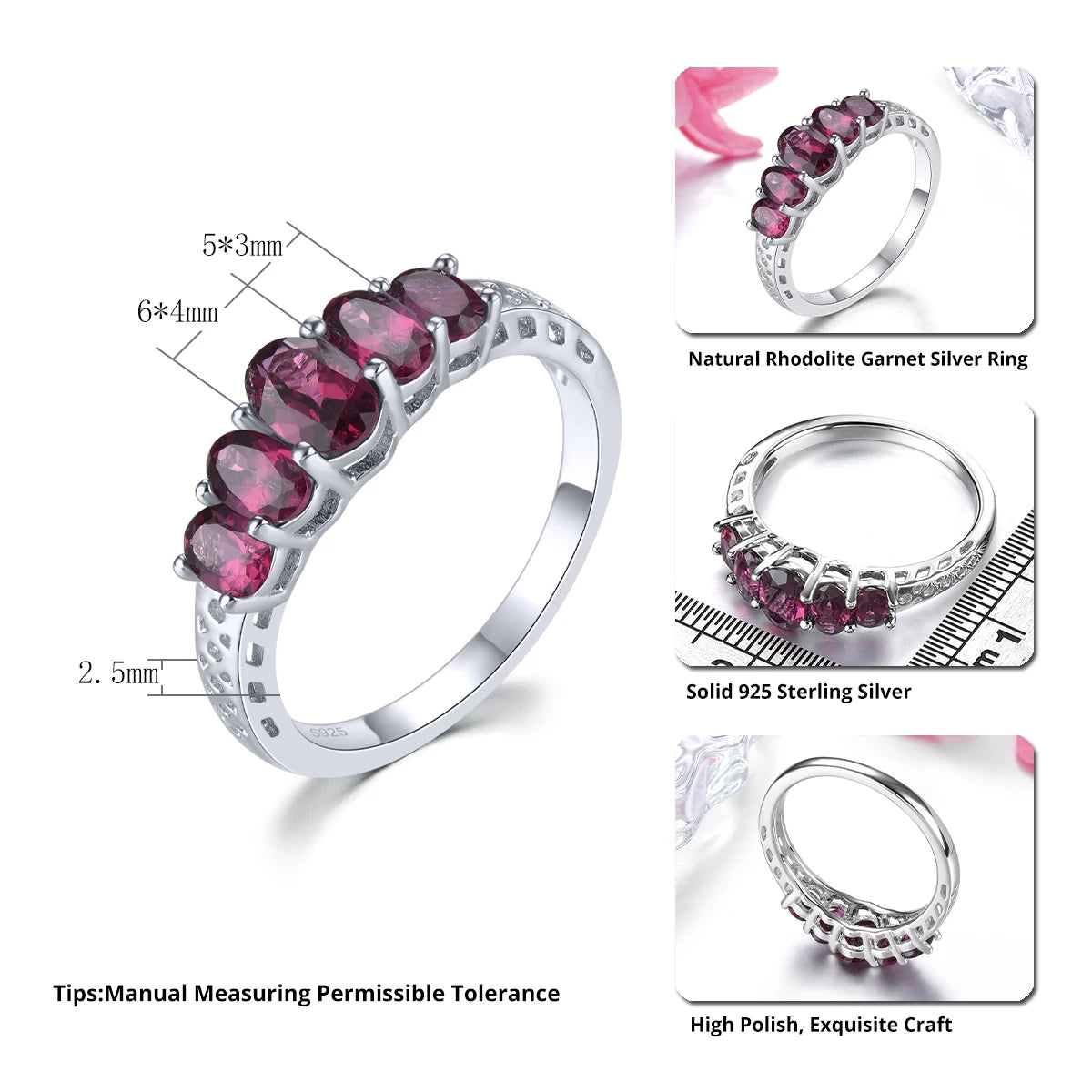 Natural Rhodolite Garnet Solid Sterling Silver Rings 2 Carats Genuine Rose Garnet S925 Fine Jewelrys Romantic Classic Gifts