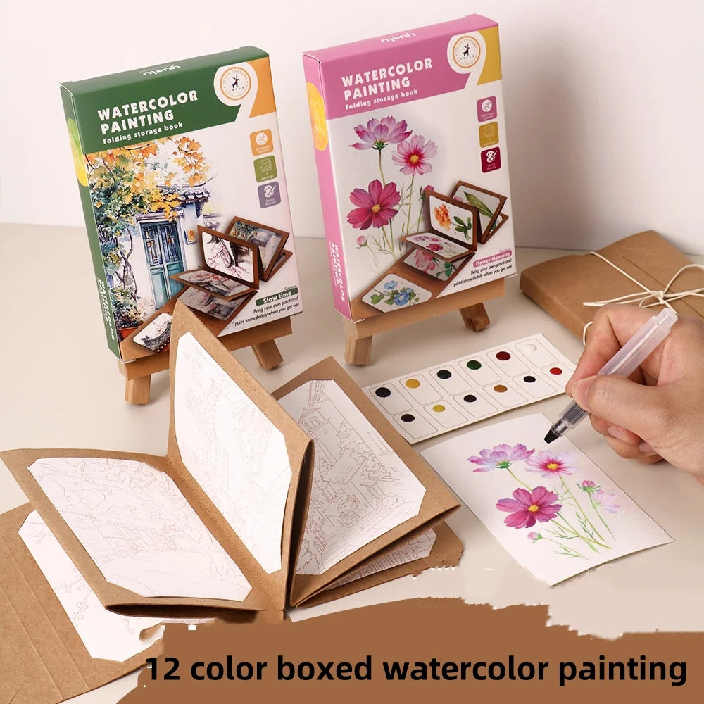 Bview Art Artistic Watercolor Kit: 12-Pan Solid Paints with Expandable Kraft Paper Folder, Compact Travel Painting Supplies
