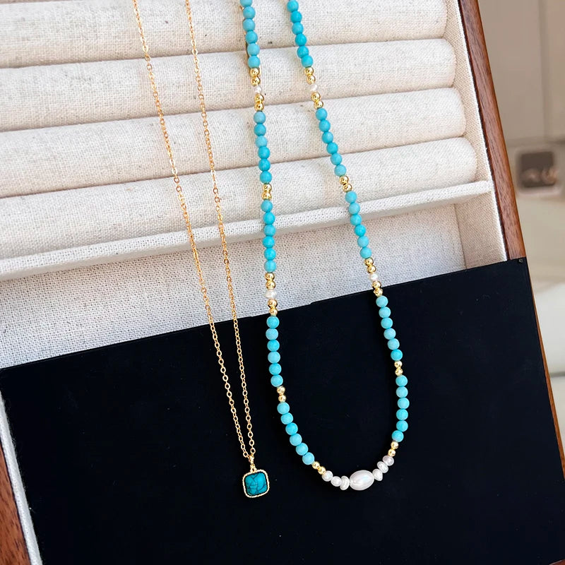 Elegant Double-layer Layered Imitation Turquoise Natural Pearl Beads Necklace Trendy Jewelry For Women's Sexy Collarbone Chain