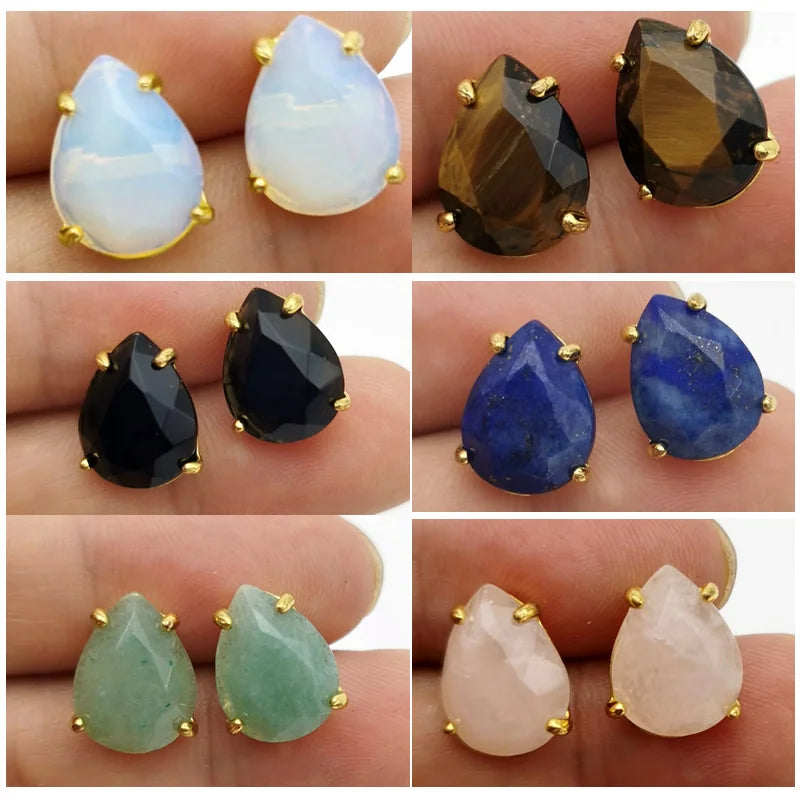 Water Drop Shape Stud Earrings Golden Color Natural Stone Faceted Pink Quartz Crystal Tiger Eye opal Healing Jewelry Female