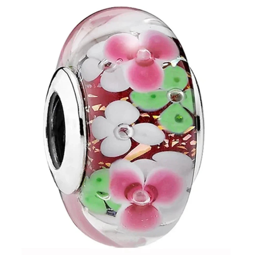 2025classic 925 Sterling Silver Colored Flower Leaf Cosmic Rainbow Murano Glass Charms Beads Fit DIY Bracelet Women Jewelry Gift