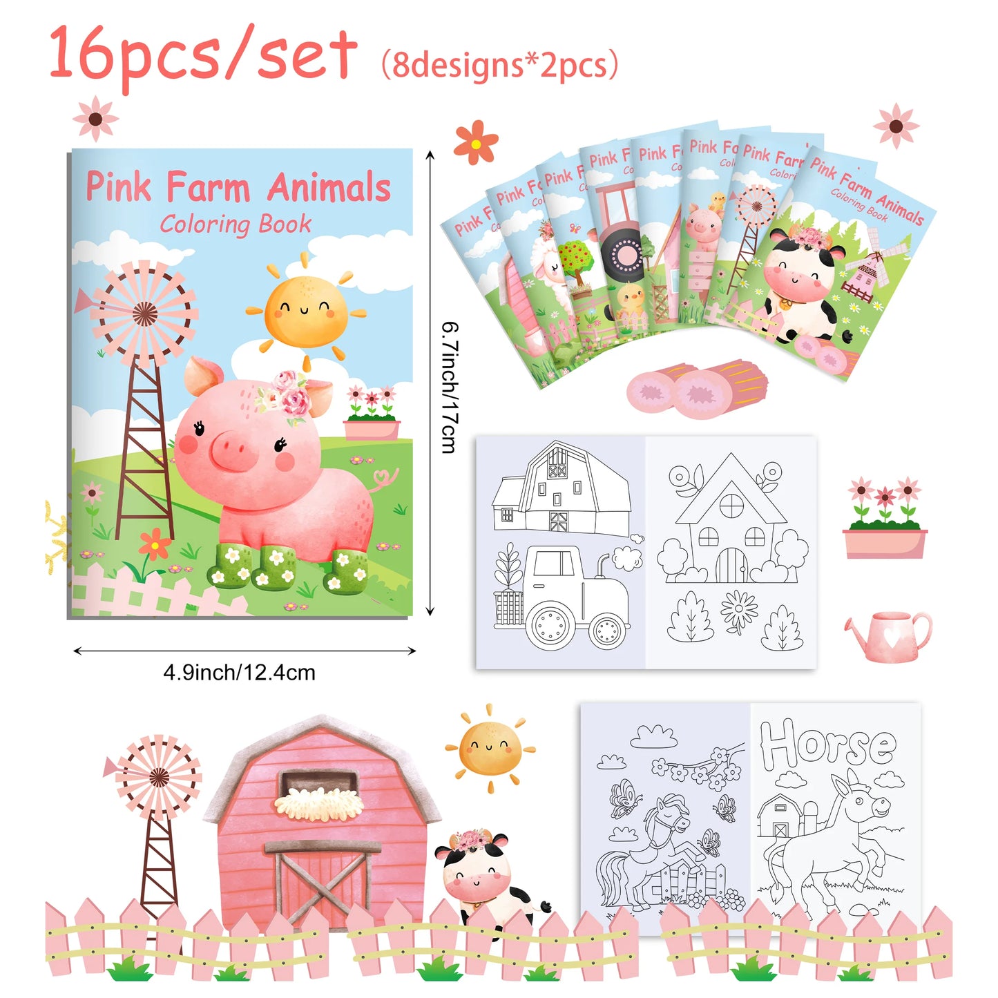 16pcs Cartoon Pink Farm Animals Graffiti Painting Book Kids Gifts Coloring Picture Book For Birthday Party Drawing Supplies