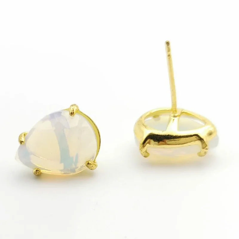 Water Drop Shape Stud Earrings Golden Color Natural Stone Faceted Pink Quartz Crystal Tiger Eye opal Healing Jewelry Female