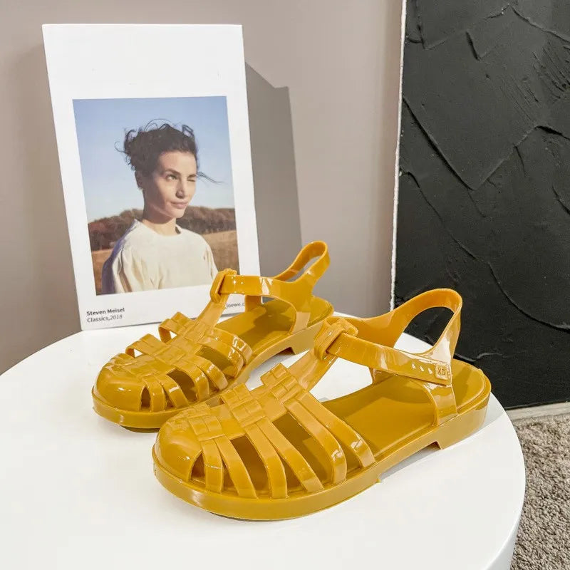 Summer Baotou Roman Women's Sandals Vintage Flat Heel Transparent Crystal Beach Shoes Flat Bottom Plastic Jelly Shoes SHW147