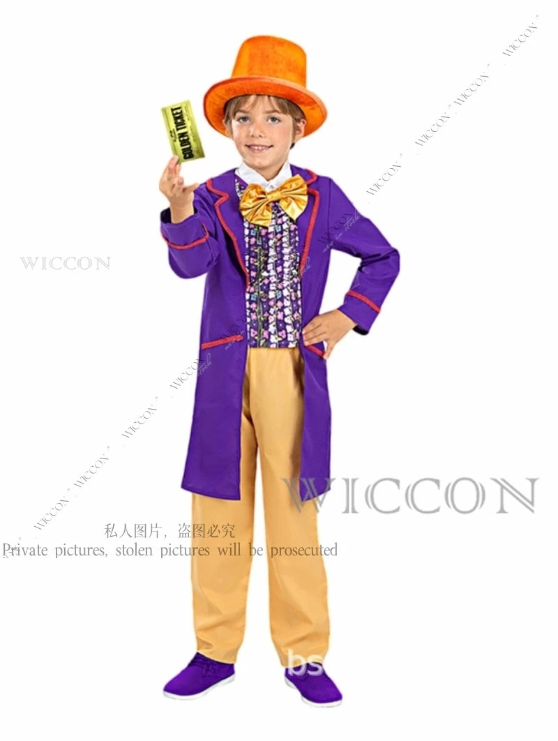 Chocolate Factory Willy Cosplay Costume Charlie Uniform Child Role Play Outfit Full Suit Halloween Masquerade Kid Cloth Jumpsuit