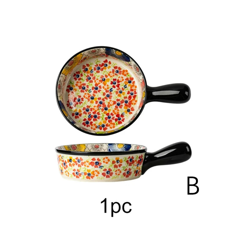 Polish Pottery Floral Baking Dish Set, Hand Painted Ceramic Bakeware with Handles, Oven Safe for Casserole & Fruit Serving