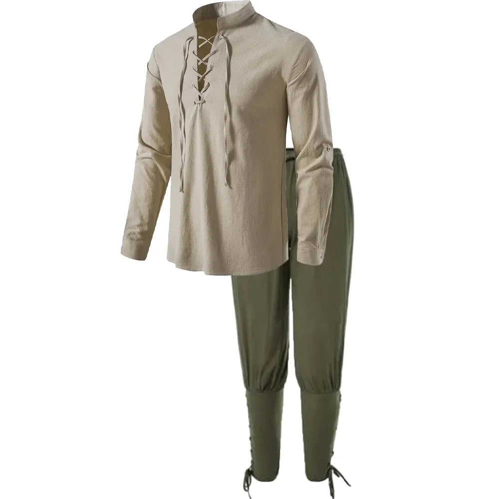 2Pcs Retro Vintage Medieval Renaissance Cosplay Costume Outfits Pirate Viking  Halloween Casual Daily LARP Ren Faire Shirt Pants