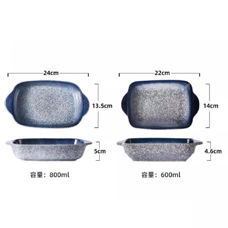 Japanese Tableware Binaural Baking Tray Ceramic Cheese Baked Rice Baking Bowl Oven Special Utensils with Tray Rectangular Plate