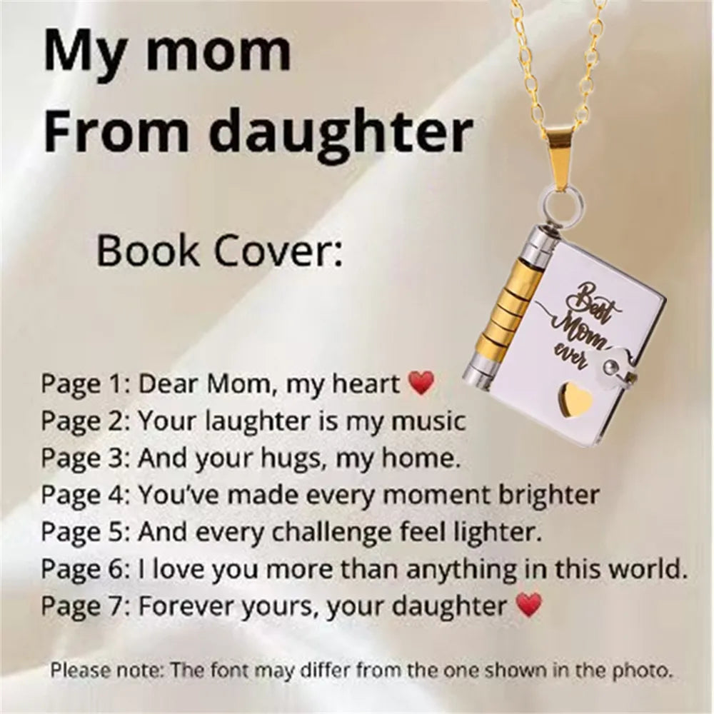 Mother’s Day Gift Best Mom Ever Book Necklace Stainless Steel Engraved Book Locket Necklaces Women Daughter Present for Mom