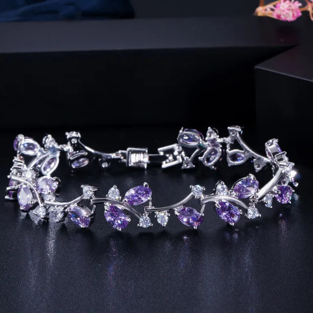 Pera Natural Royal Women Jewelry Silver Color Dark Blue CZ Crystal Leaf Chain Link Bracelets and Bangles for Party Gift B042