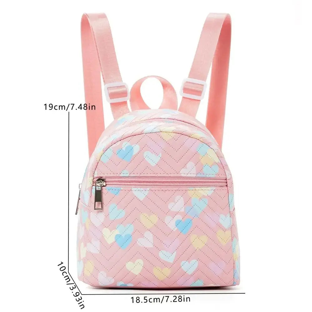Cute Heart Print Mini Backpack PU Pink Small School Bag Large Capacity Quilted Backpack