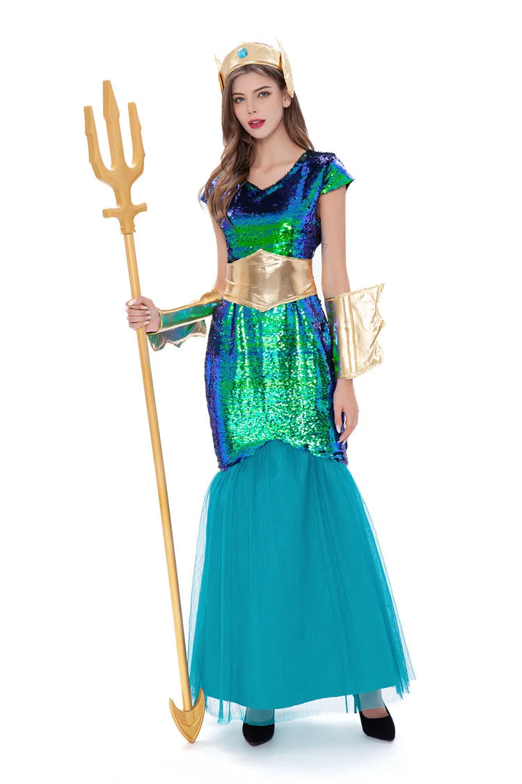 Men Women Couple Sea King Mermaid Cosplay Full Set, Ocean God Queen Costume With Trident For Halloween Carnival Stage Party